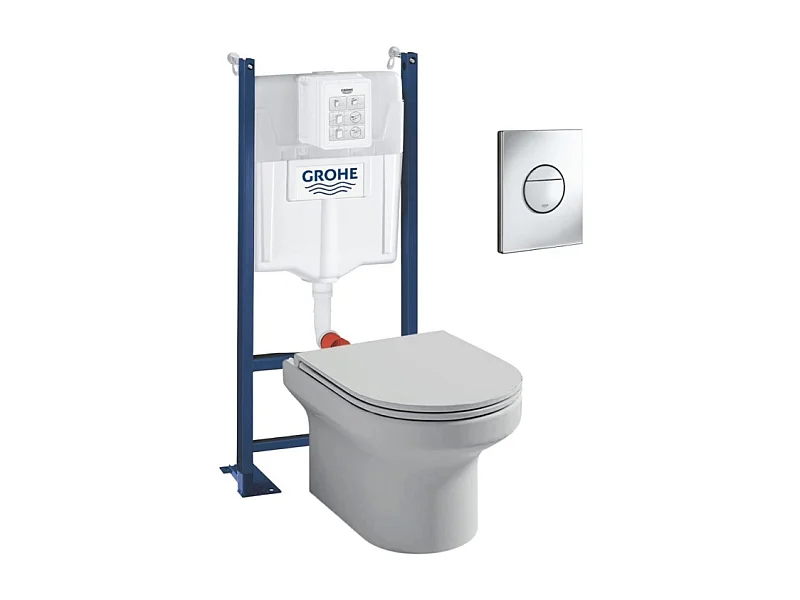 Pack WC suspendu sans bride + abattant + Bâti support + Sail Plaque de commande WC rond chromé