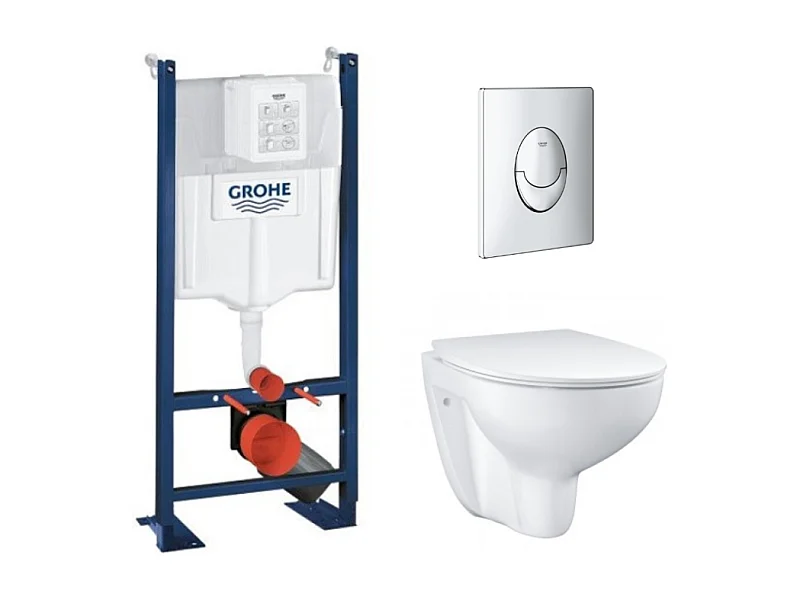 Pack WC sans bride Bau Ceramic + abattant Grohe + Bâti support wc Grohe Rapid SL + Plaque de commande GROHE Start chromé rond