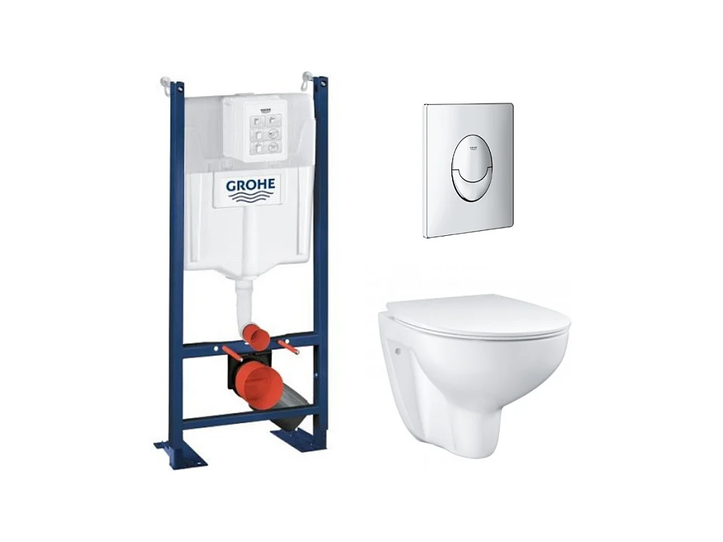 Pack WC sans bride Bau Ceramic + abattant Grohe + Bâti support wc Grohe Rapid SL + Plaque de commande GROHE Start chromé rond