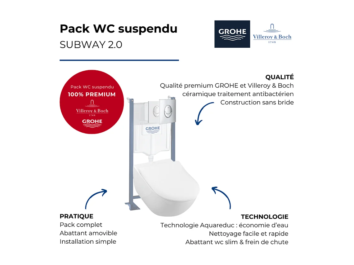 Pack WC suspendu sans bride VILLEROY ET BOCH Subway 2.0 + abattant + plaque blanche + bâti Grohe
