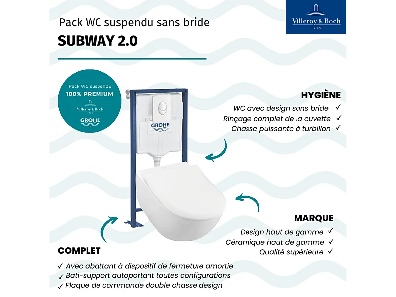 Pack WC suspendu sans bride VILLEROY ET BOCH Subway 2.0 + abattant + plaque blanche + bâti Grohe