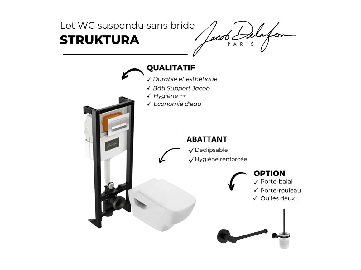 Pack WC suspendu sans bride JACOB DELAFON Struktura+ bâti-support + plaque Chrome brillant/Blanc mat + accessoires