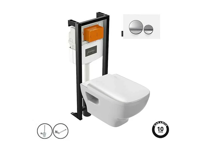 Pack WC suspendu sans bride JACOB DELAFON Struktura+ bâti-support + plaque Chrome brillant/Blanc mat + accessoires