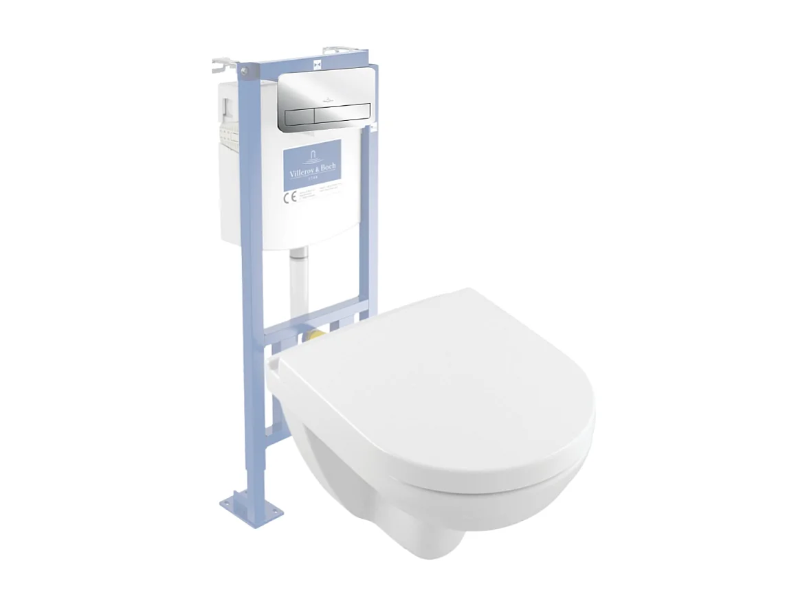 Pack WC suspendu compact sans bride VILLEROY ET BOCH O.novo + abattant + plaque chromée + bâti