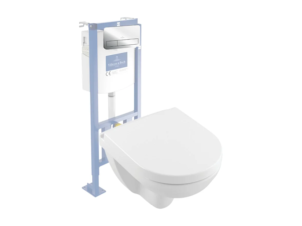 Pack WC suspendu compact sans bride VILLEROY ET BOCH O.novo + abattant + plaque chromée + bâti