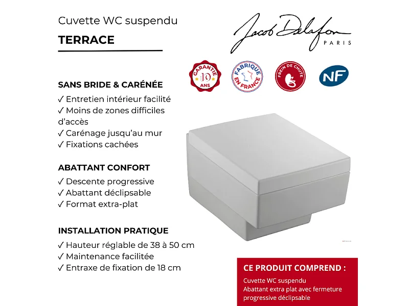 Cuvette WC suspendu JACOB DELAFON Terrace avec abattant frein de chute déclipsable
