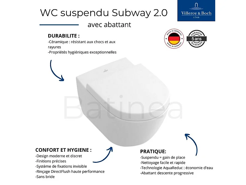 WC suspendu sans bride VILLEROY ET BOCH Subway 2.0 + abattant