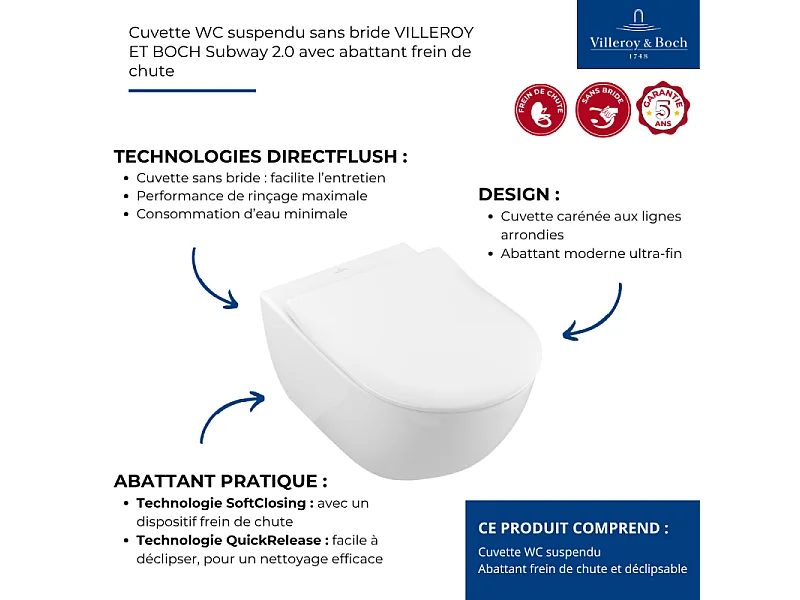 Cuvette WC suspendu sans bride Villeroy & Boch Subway 2.0 avec abattant frein de chute