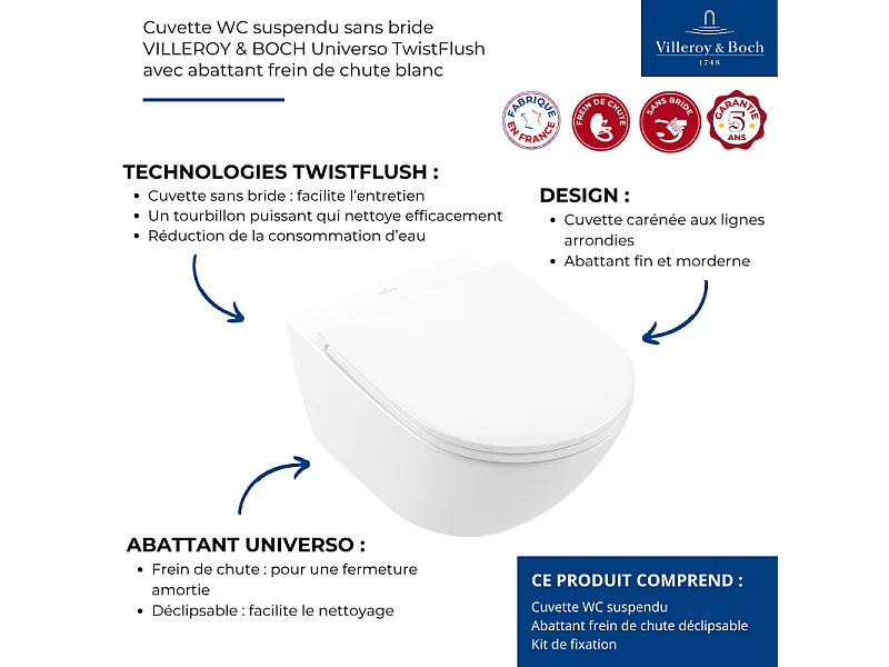 Cuvette WC suspendu sans bride VILLEROY & BOCH Universo TwistFlush avec abattant frein de chute blanc