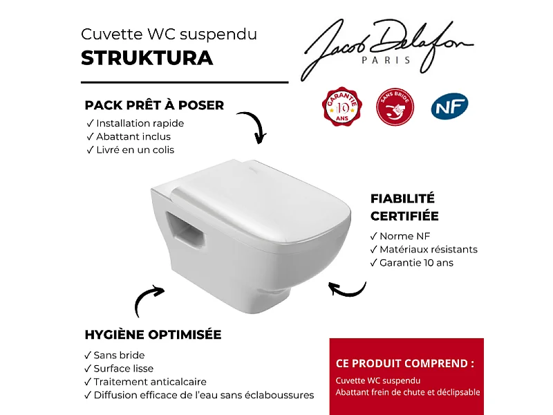 Cuvette WC suspendu sans bride JACOB DELAFON Struktura avec abattant frein de chute et déclipsable