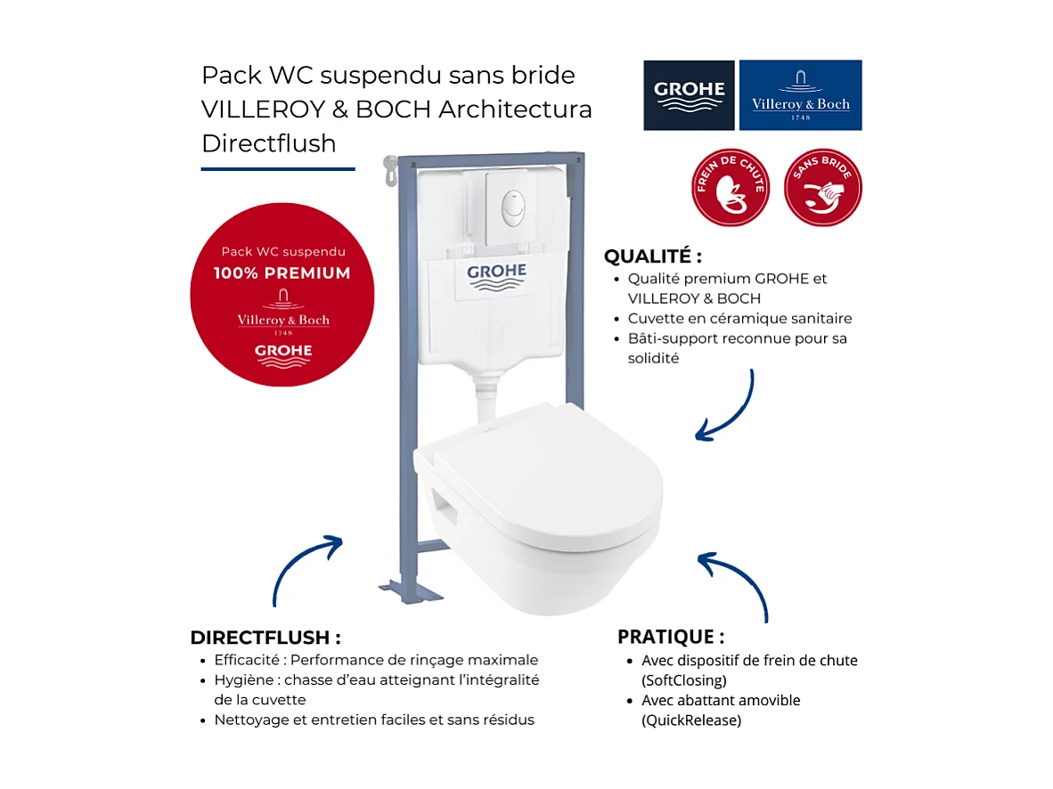Pack WC suspendu sans bride VILLEROY ET BOCH Architectura Directflush+ abattant frein de chute + bâti-support GROHE Solido + plaque blanche