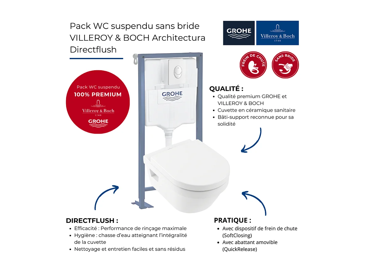 Pack WC suspendu sans bride VILLEROY ET BOCH Architectura Directflush+ abattant frein de chute + bâti-support GROHE Solido + plaque blanche