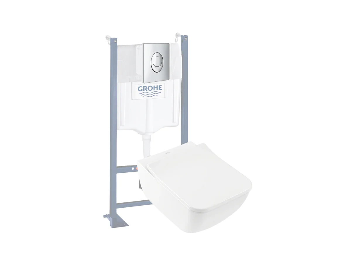 Pack WC suspendu sans bride VILLEROY ET BOCH Venticello + abattant + plaque chromée + bâti Grohe