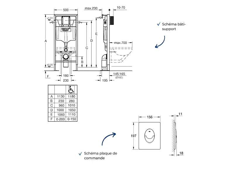 Bâti-support WC autoportant GROHE Solido avec plaque de commande Skate Air chromée