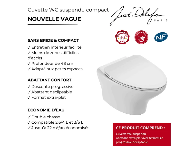 Cuvette WC suspendu sans bride compact JACOB DELAFON Nouvelle Vague avec abattant frein de chute extra-plat déclipsable
