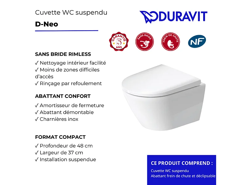 Cuvette WC suspendu sans bride compact DURAVIT D-Neo avec abattant frein de chute déclipsable