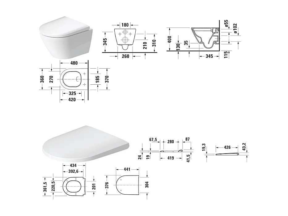 Cuvette WC suspendu sans bride compact DURAVIT D-Neo avec abattant frein de chute déclipsable