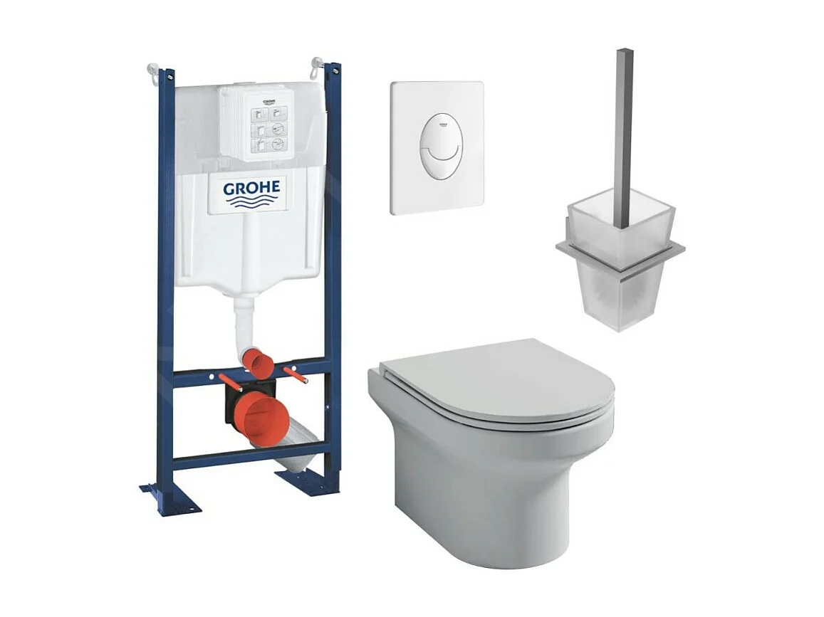 Pack WC suspendu sans bride Jacob Delafon  Elite abattant extraplat + Bâti support Grohe RapidSL + plaque blanc + Porte-balai