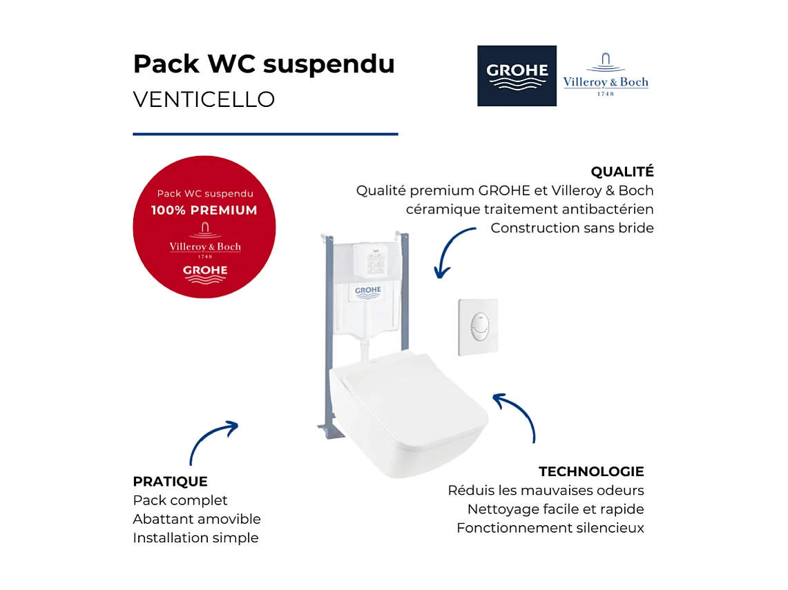 Pack WC suspendu sans bride VILLEROY ET BOCH Venticello + abattant + plaque blanche + bâti Grohe