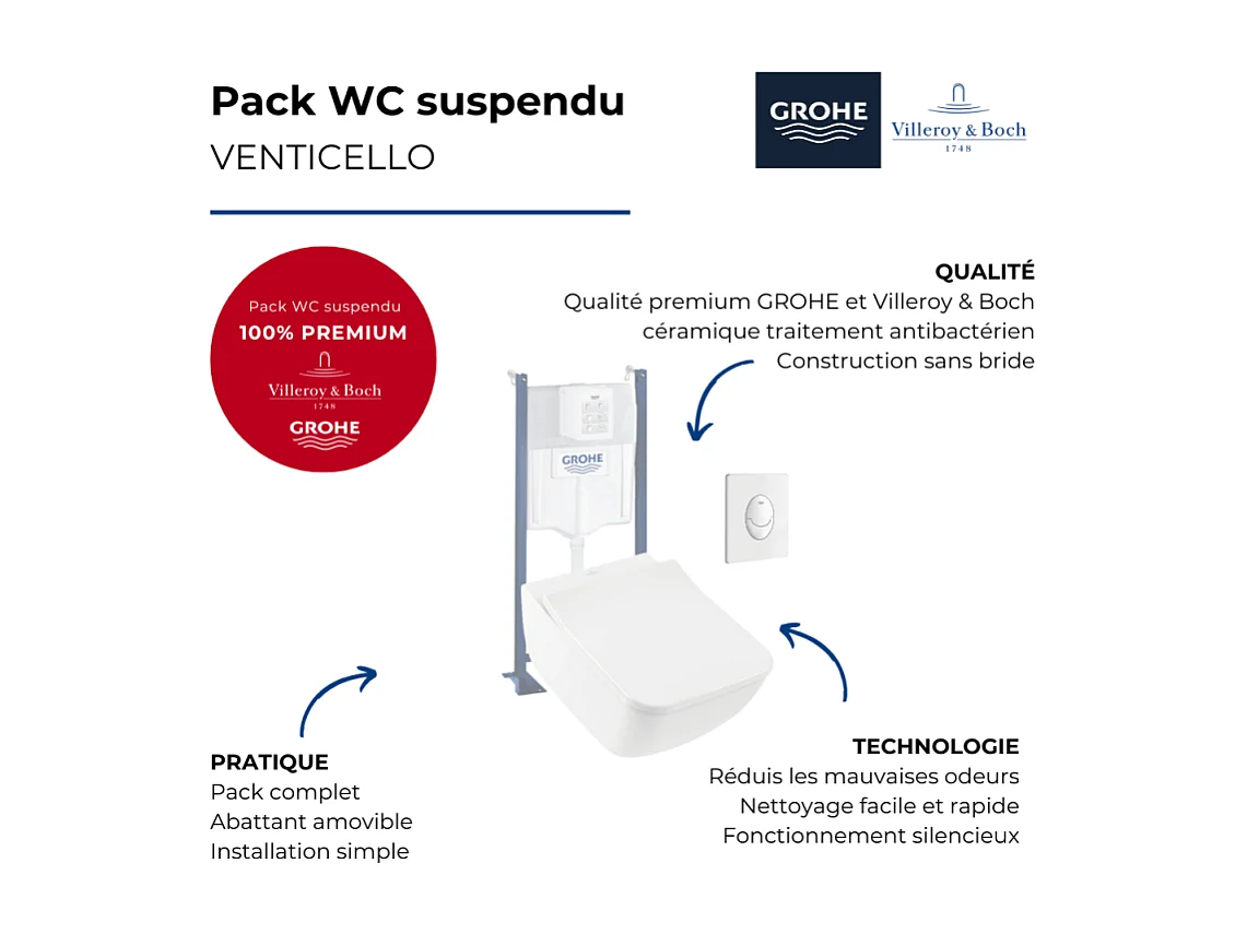 Pack WC suspendu sans bride VILLEROY ET BOCH Venticello + abattant + plaque blanche + bâti Grohe