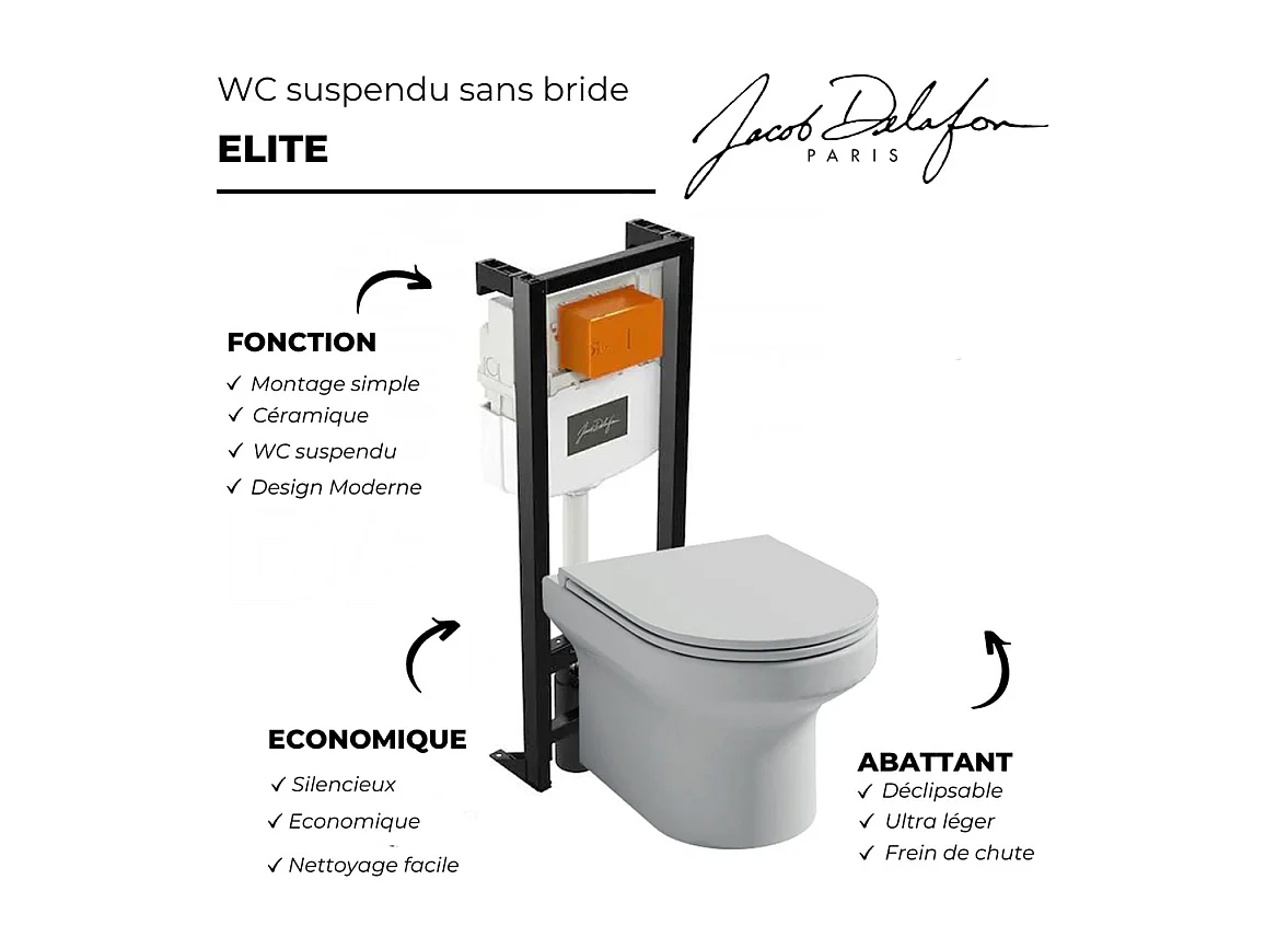 Pack WC suspendu sans bride  JACOB DELAFON Elite + bâti-support + plaque Chrome brillant/Blanc mat + accessoires