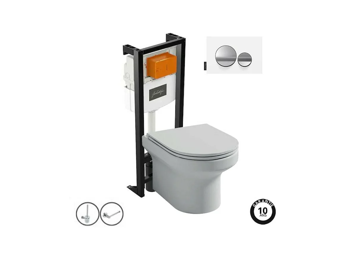Pack WC suspendu sans bride  JACOB DELAFON Elite + bâti-support + plaque Chrome brillant/Blanc mat + accessoires