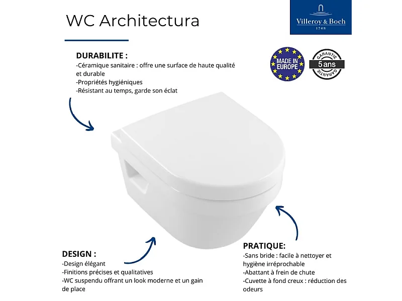 WC suspendu combi-pack VILEROY ET BOCH Architectura 53 x 37 x 40 cm