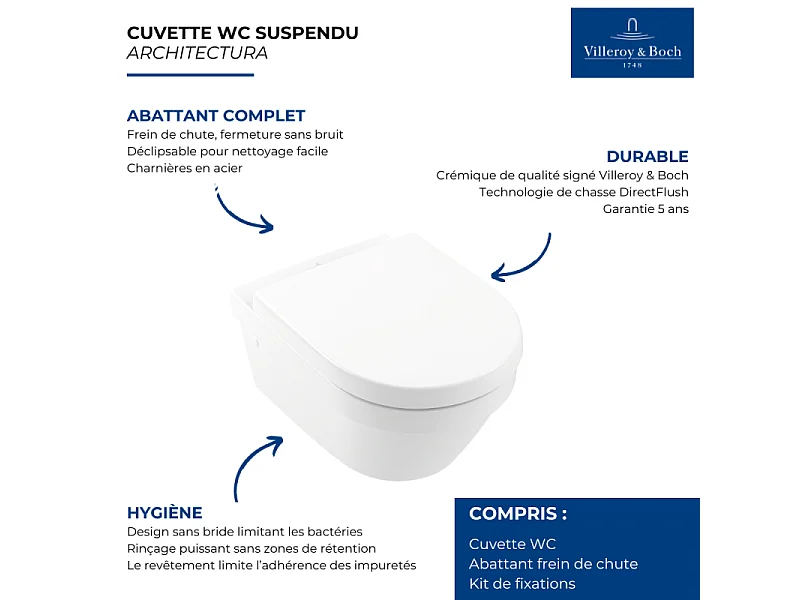 WC suspendu combi-pack VILEROY ET BOCH Architectura 53 x 37 x 40 cm