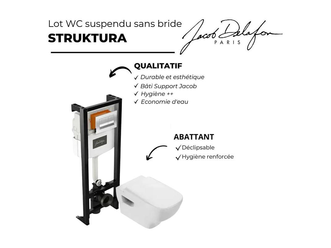 Pack WC suspendu sans bride JACOB DELAFON Struktura+ bâti-support + plaque Blanc brillant