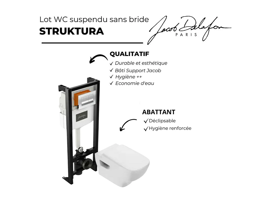 Pack WC suspendu sans bride JACOB DELAFON Struktura+ bâti-support + plaque Blanc brillant
