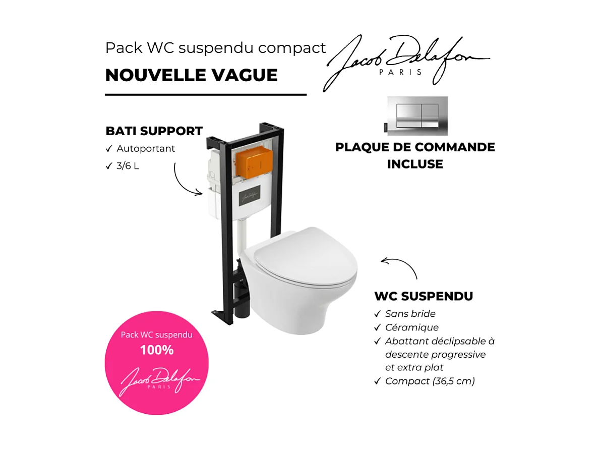 Pack WC suspendu sans bride compact JACOB DELAFON Nouvelle vague+ bâti-support + plaque Chrome