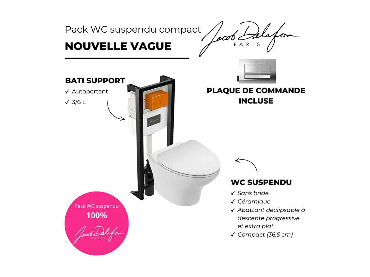 Pack WC suspendu sans bride compact JACOB DELAFON Nouvelle vague+ bâti-support + plaque Chrome