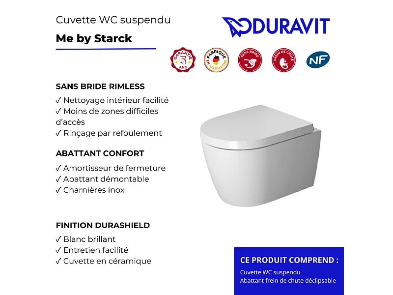 Cuvette WC suspendu sans bride compact DURAVIT Me by Starck avec abattant frein de chute déclipsable