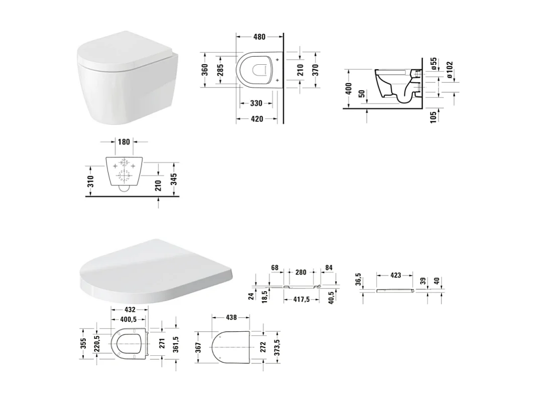 Cuvette WC suspendu sans bride compact DURAVIT Me by Starck avec abattant frein de chute déclipsable