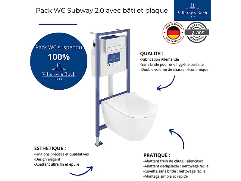 Pack WC sans bride VILLEROY ET BOCH Subway 2.0 avec abattant frein de chute + bâti Viconnect PRO + plaque Chromé mat