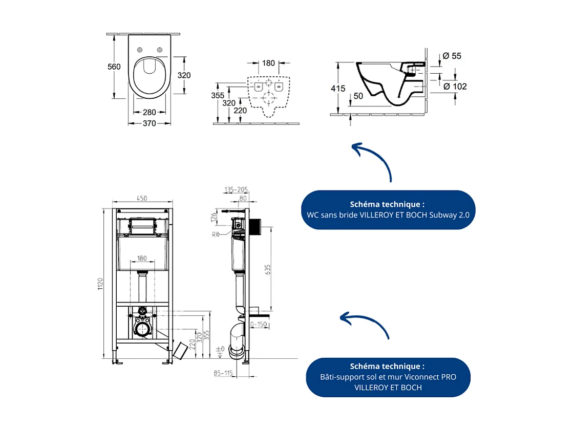 Pack WC sans bride VILLEROY ET BOCH Subway 2.0 avec abattant frein de chute + bâti Viconnect PRO + plaque Chromé mat