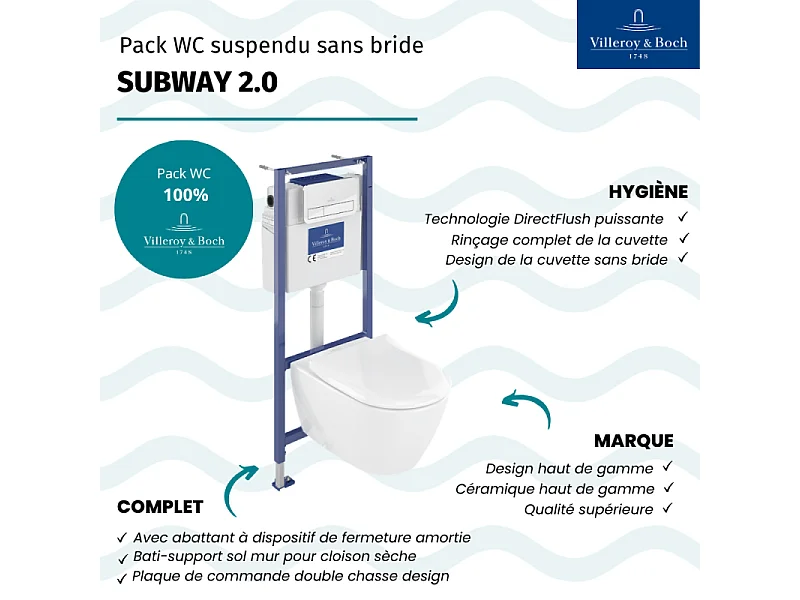 Pack WC sans bride VILLEROY ET BOCH Subway 2.0 avec abattant frein de chute + bâti Viconnect PRO + plaque Chromé mat