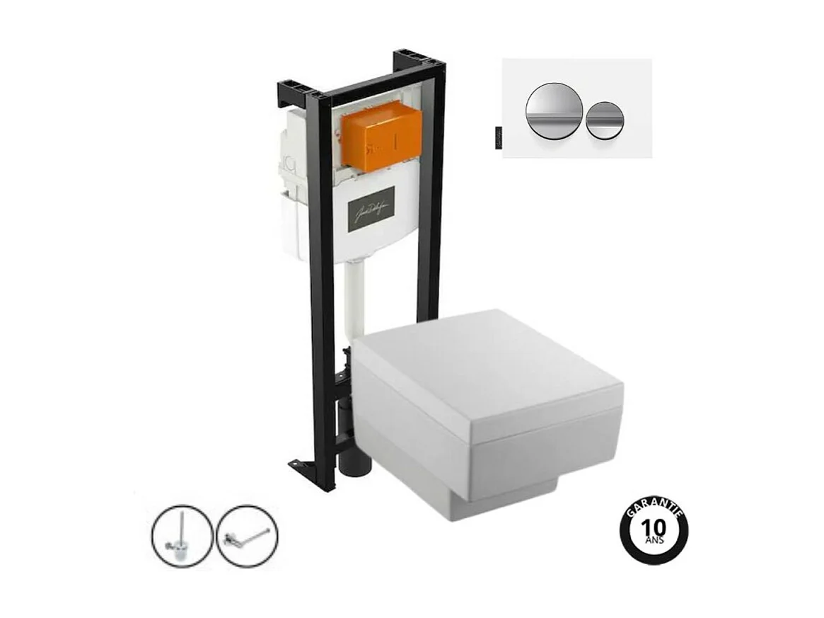 Pack WC suspendu JACOB DELAFON Terrace+ bâti-support + plaque Chrome brillant/Blanc mat + accessoires