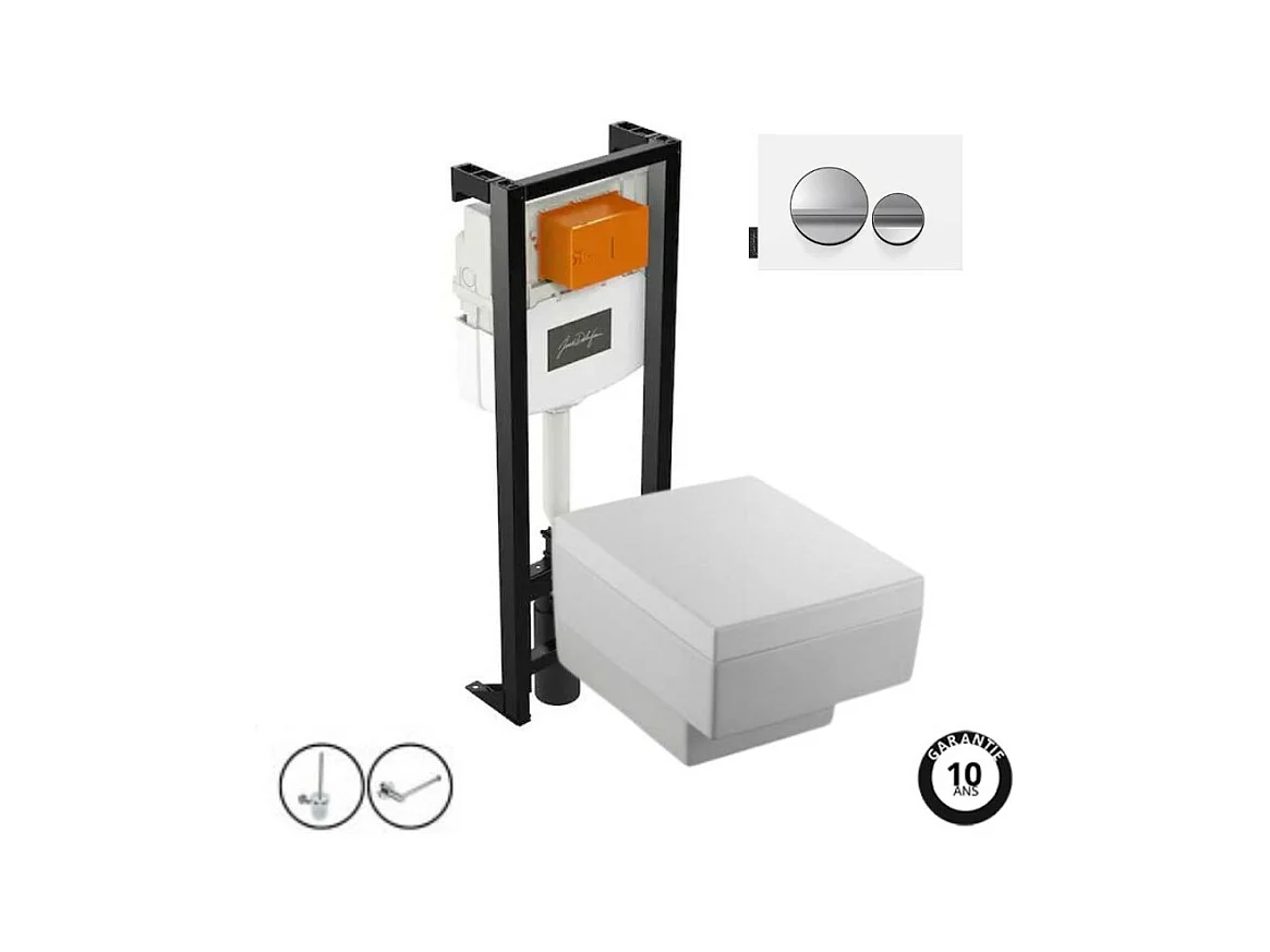 Pack WC suspendu JACOB DELAFON Terrace+ bâti-support + plaque Chrome brillant/Blanc mat + accessoires