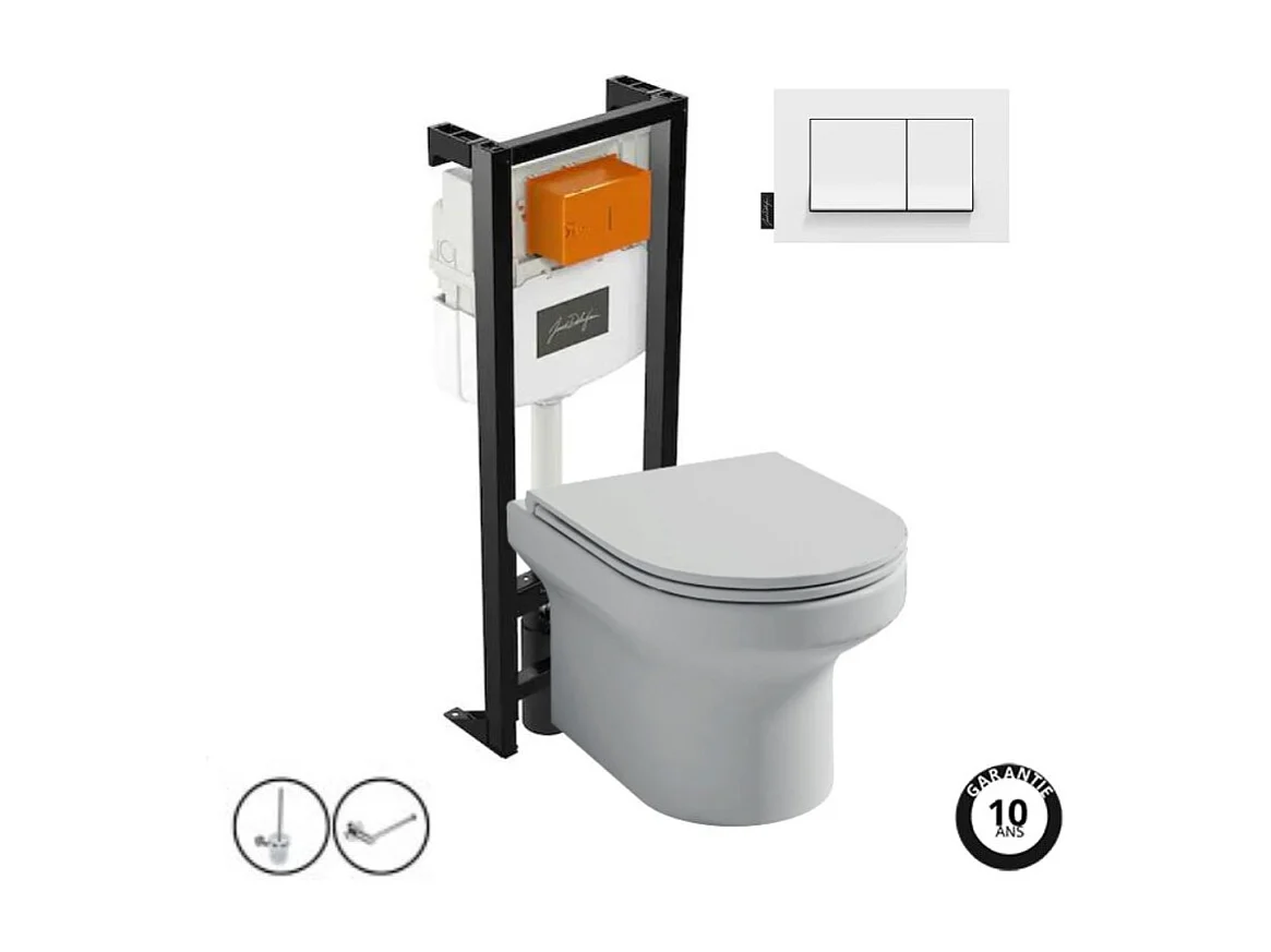Pack WC suspendu sans bride  JACOB DELAFON Elite + bâti-support + plaque Blanc brillant + accessoires