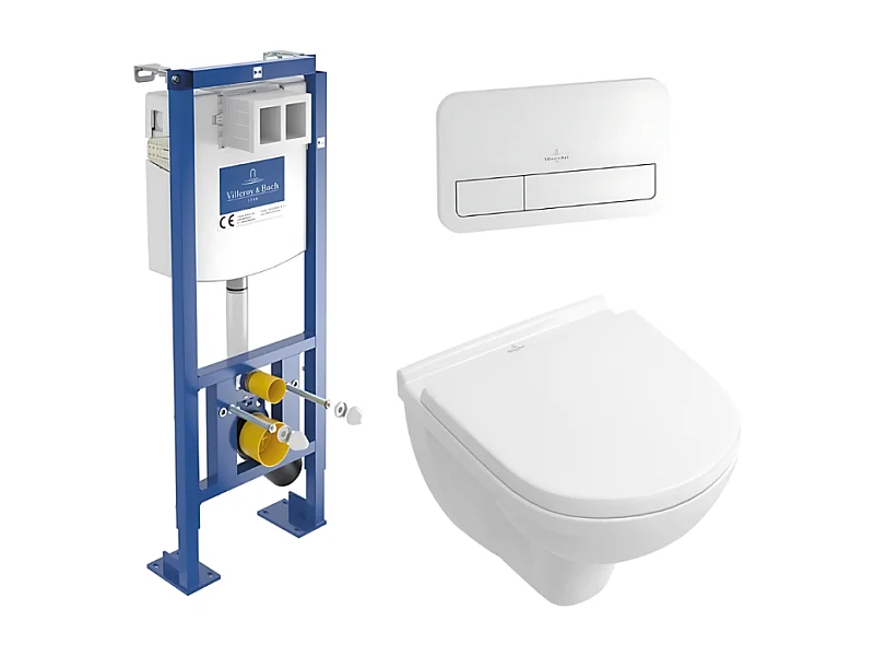 Pack WC suspendu compact sans bride VILLEROY ET BOCH O.novo + abattant + plaque blanche + bâti