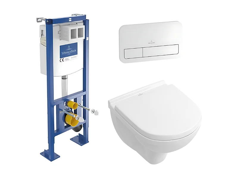 Pack WC suspendu compact sans bride VILLEROY ET BOCH O.novo + abattant + plaque blanche + bâti