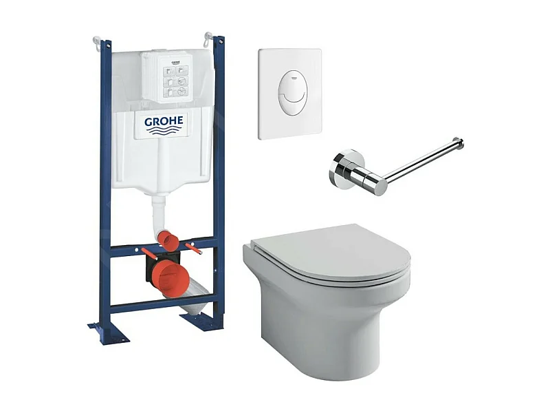 Pack WC suspendu sans bride JACOB DELAFON Elite + Bâti support GROHE Rapid SL + plaque blanche Quickfix + porte-rouleau chromé