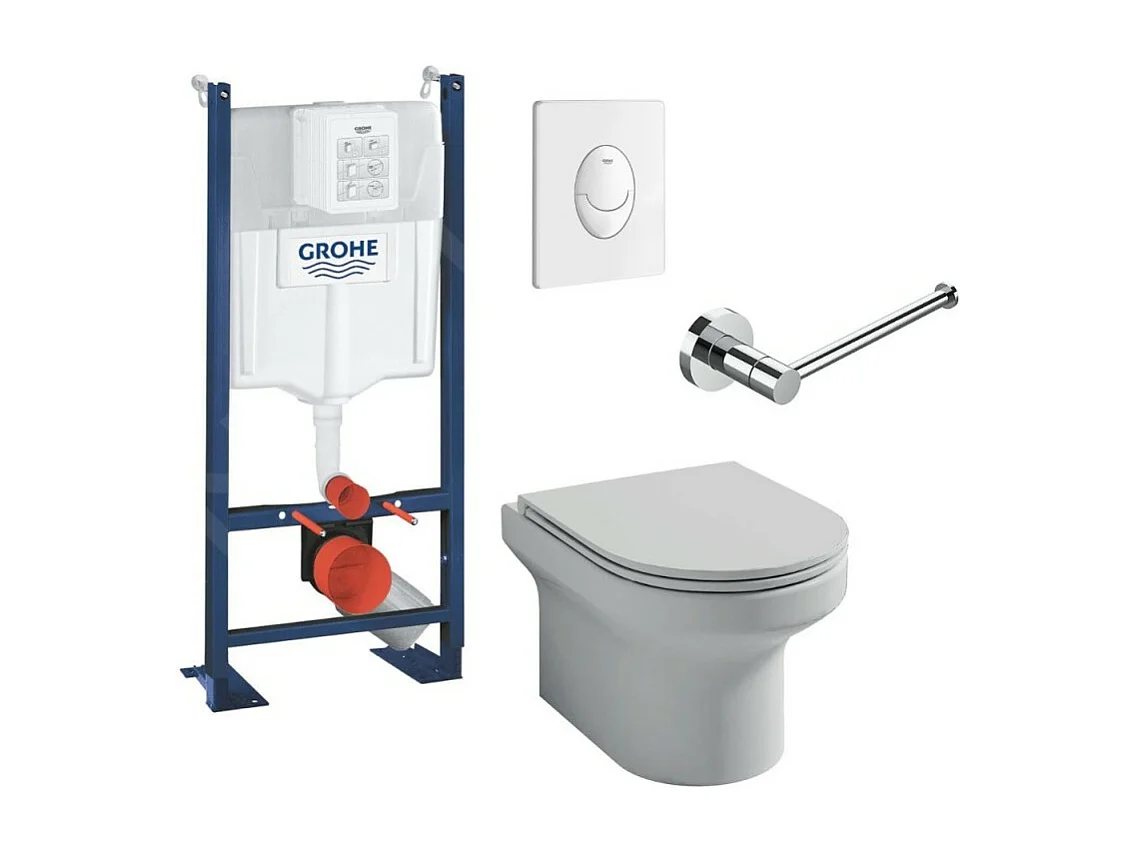 Pack WC suspendu sans bride JACOB DELAFON Elite + Bâti support GROHE Rapid SL + plaque blanche Quickfix + porte-rouleau chromé