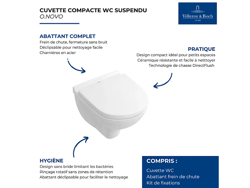 Cuvette WC suspendu compact sans bride Villeroy & Boch O.novo + abattant frein de chute