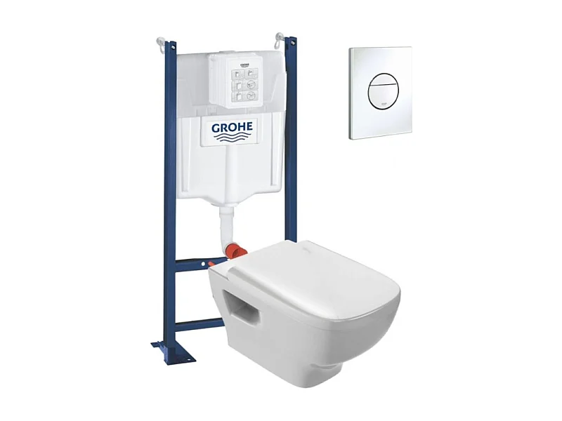 WC suspendu sans bride Jacob Delafon Struktura + abattant + Bâti support + Sail Plaque de commande WC rond blanc