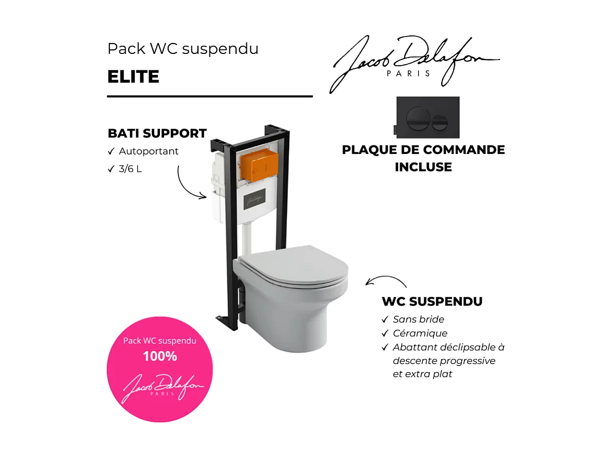 Pack WC suspendu sans bride  JACOB DELAFON Elite + bâti-support + plaque Noir brillant/Noir mat