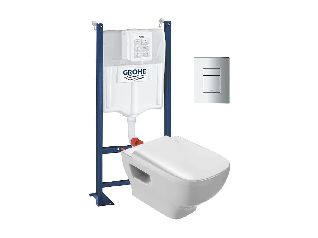 WC suspendu sans bride Jacob Delafon Struktura + abattant + Bâti support + Even Plaque de commande WC carré chromé