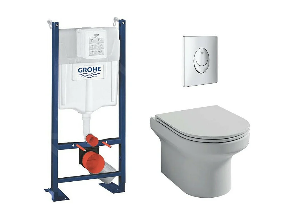 Pack WC suspendu sans bride  JACOB DELAFON + Bâti support wc Grohe + plaque commande chromé rond Quickfix