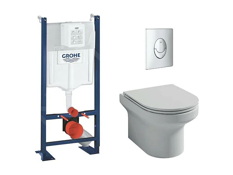 Pack WC suspendu sans bride  JACOB DELAFON + Bâti support wc Grohe + plaque commande chromé rond Quickfix